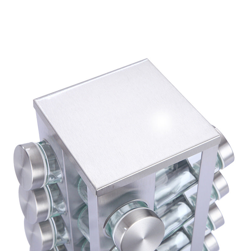Modern stainless steel square spice revolving rack with 16 (88 ml each) empty glass jars