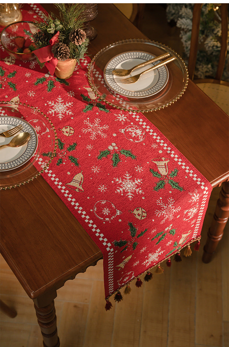 Red Christmas Table Runner with Tassels - Festive Snowflake & Bell Print (35*200cm) 3