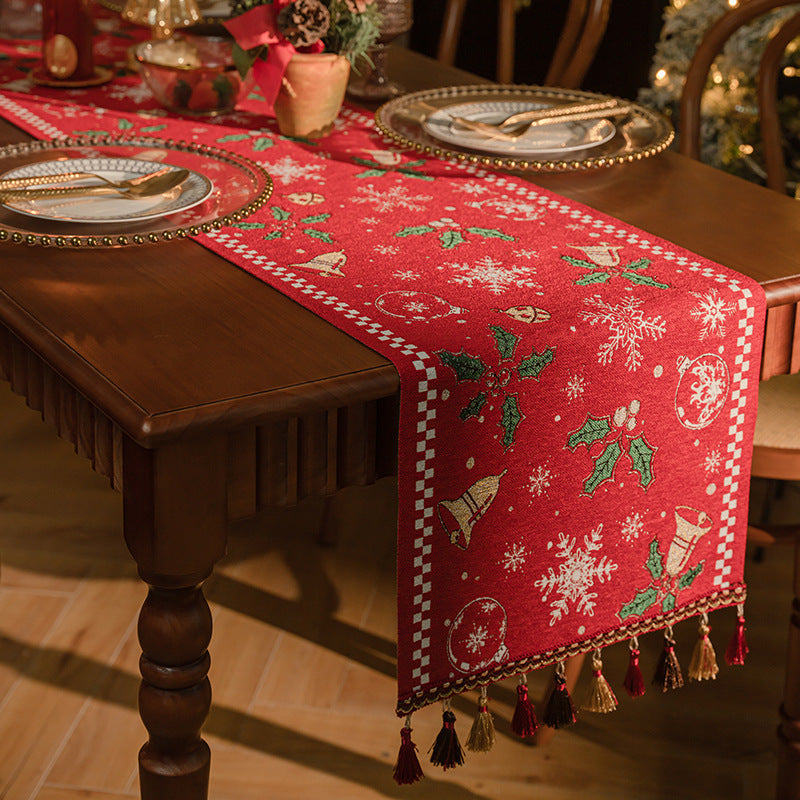 Red Christmas Table Runner with Tassels - Festive Snowflake & Bell Print (35*220cm) 3