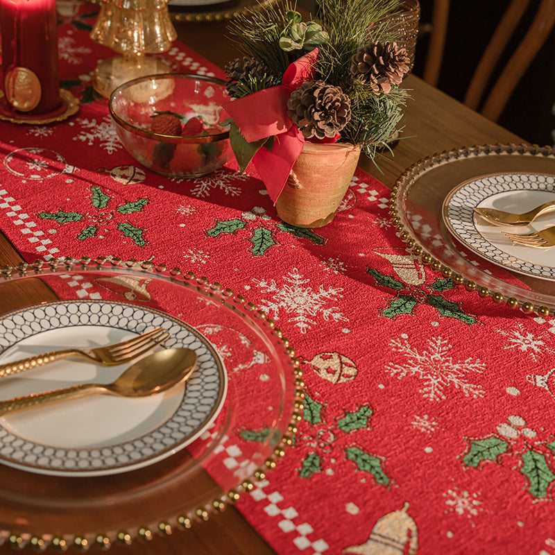 Red Christmas Table Runner with Tassels - Festive Snowflake & Bell Print (35*240cm)