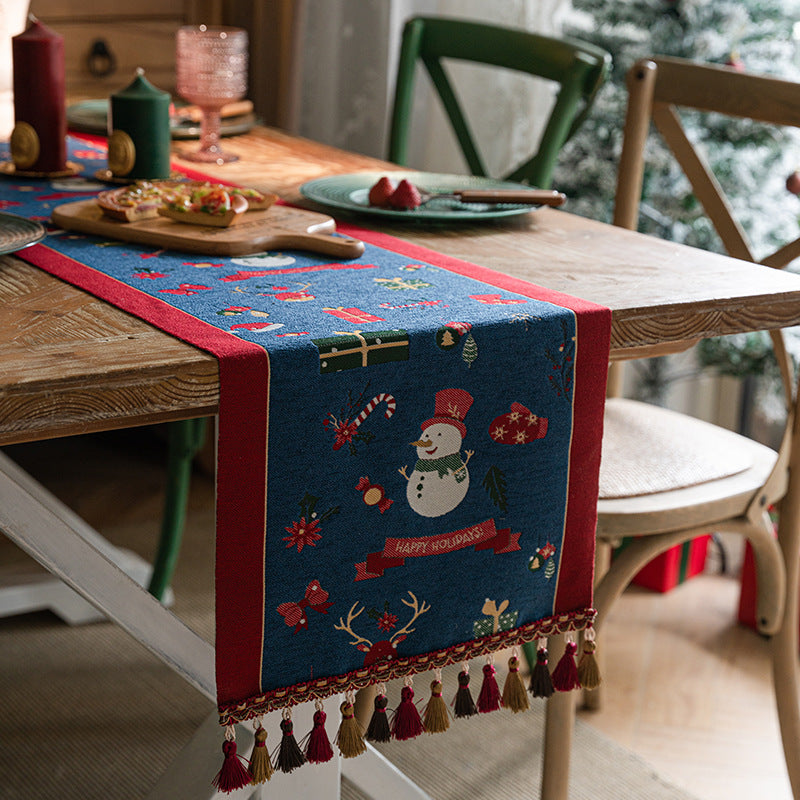 Blue Christmas Festive Table Runner - Blue with Snowman, Reindeer and Happy Holidays (35*220cm) 4