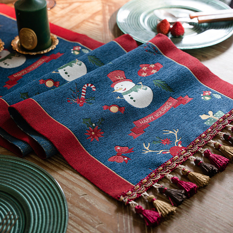 Blue Christmas Festive Table Runner - Blue with Snowman, Reindeer and Happy Holidays (35*240cm) 3