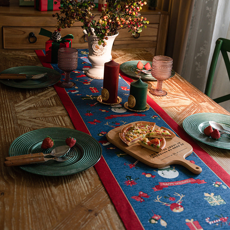 Blue Christmas Festive Table Runner - Blue with Snowman, Reindeer and Happy Holidays (35*180cm)