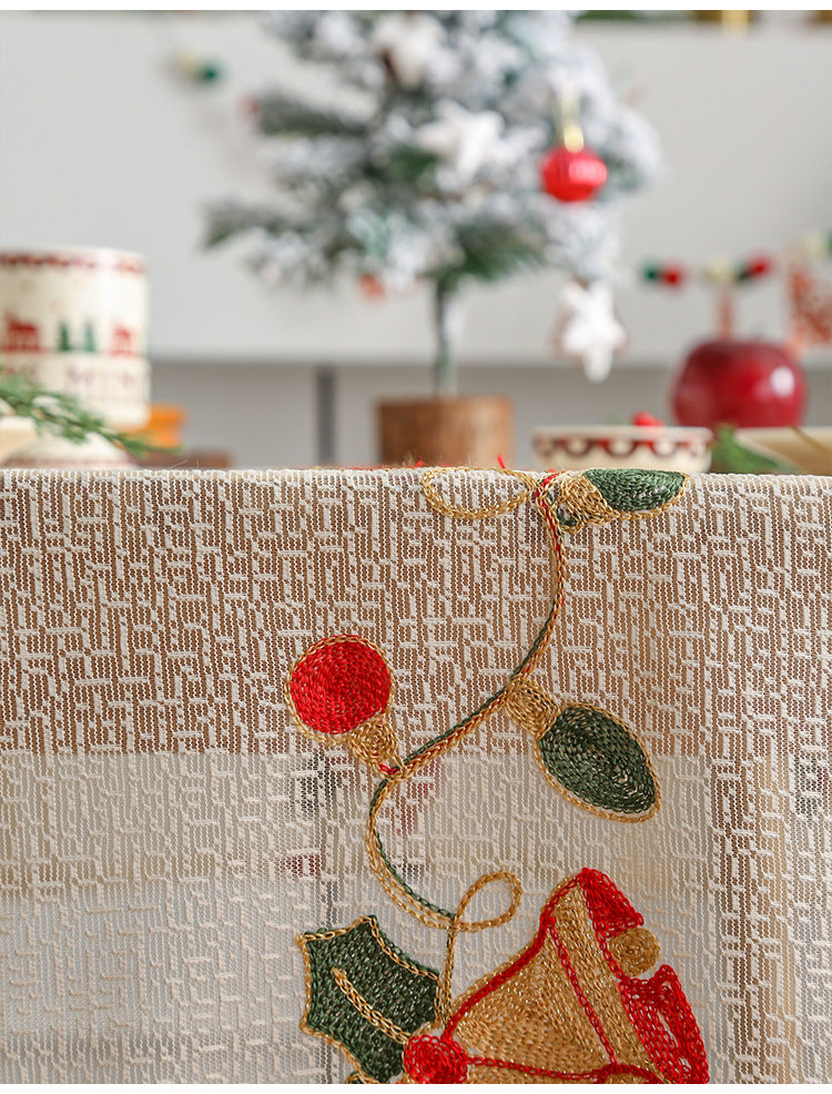 Embroidered Christmas Tablecloth - Embroidered Bells & Holly Design (140*140cm) 3