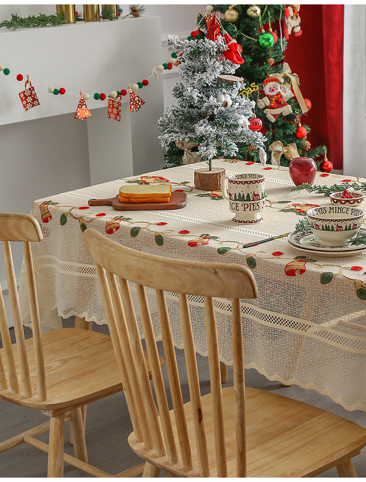 Embroidered Christmas Tablecloth - Embroidered Bells & Holly Design (140*140cm) 6