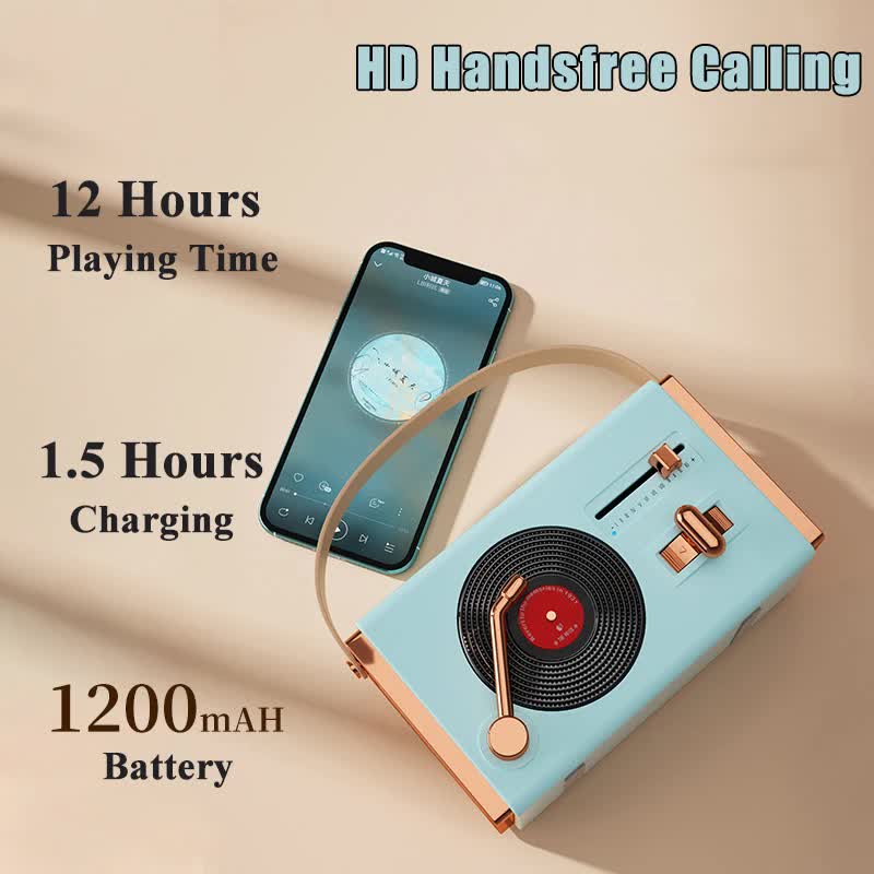 Blue Retro Record Player Style Bluetooth Speaker - Portable Wireless Turntable Design Audio 6