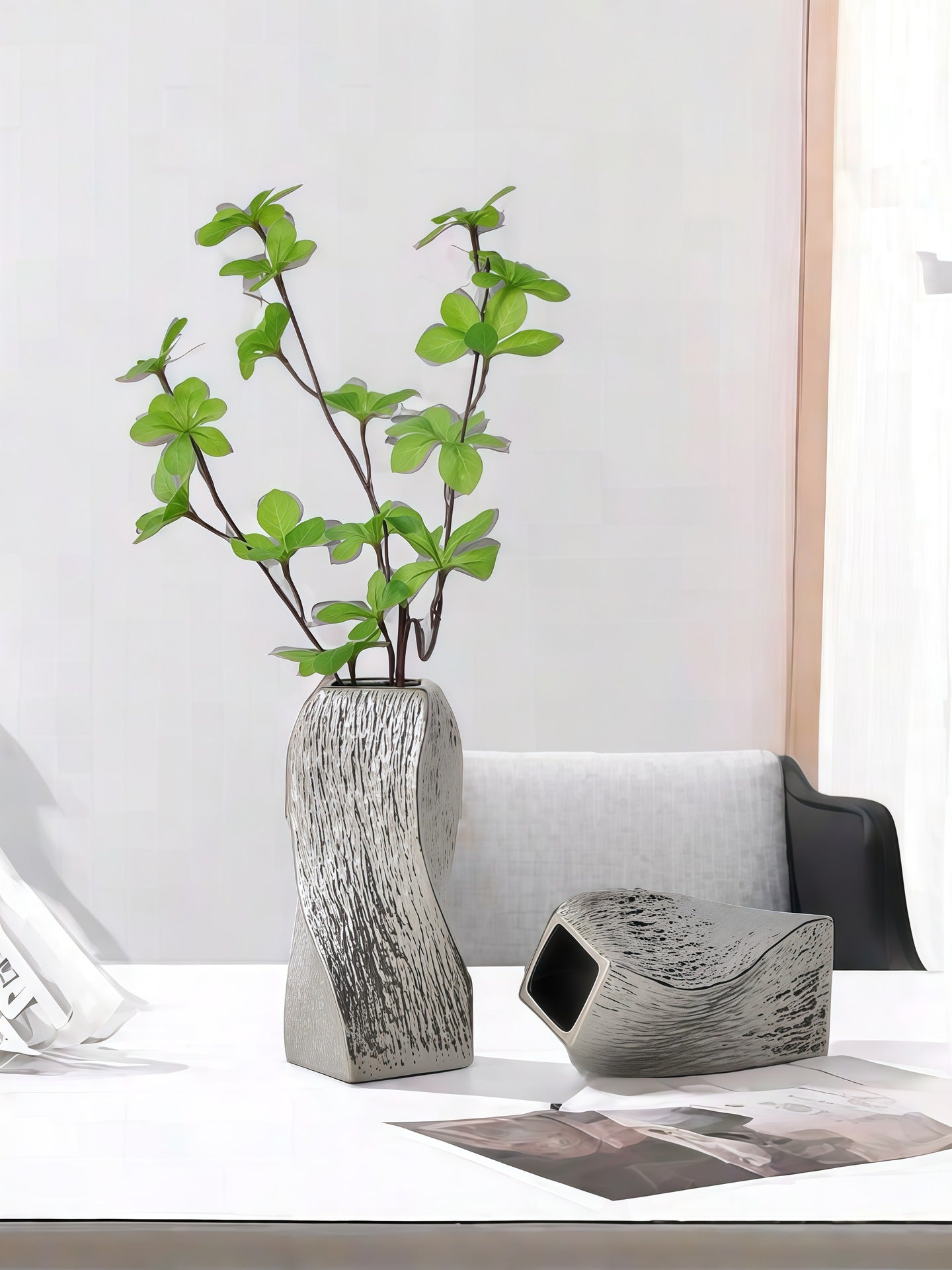 Silver Abstract Twisted Ceramic Vase - Artistic Minimalist Flower Holder for Home Decor (20x10x10cm) 3