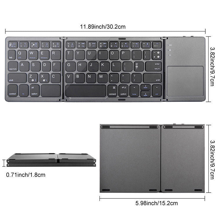 Black Tri-Fold Bluetooth Keyboard with Touchpad - Multi-Device Compatible (iOS/Android/Win) 8