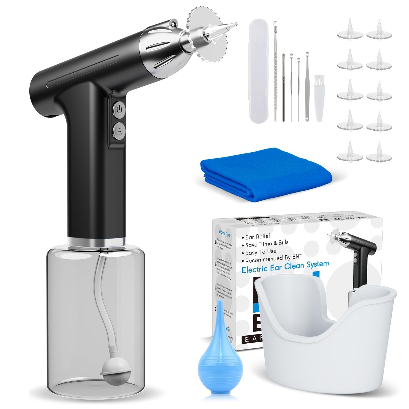 Black Electric Earwax Irrigator Set - Gentle and effective earwax cleaner with collection basin and earplugs