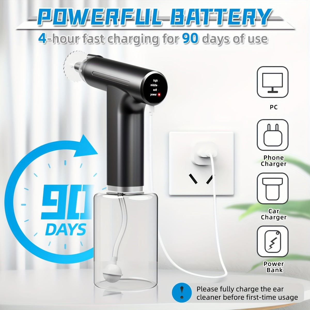 Black Electric Earwax Irrigator Set - Gentle and effective earwax cleaner with collection basin and earplugs 5