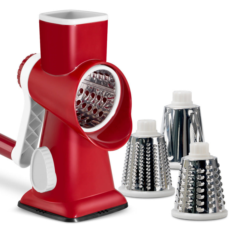 Red Rotary Cheese Grater & Vegetable Slicer - Manual Shredder with 3 Interchangeable Drums