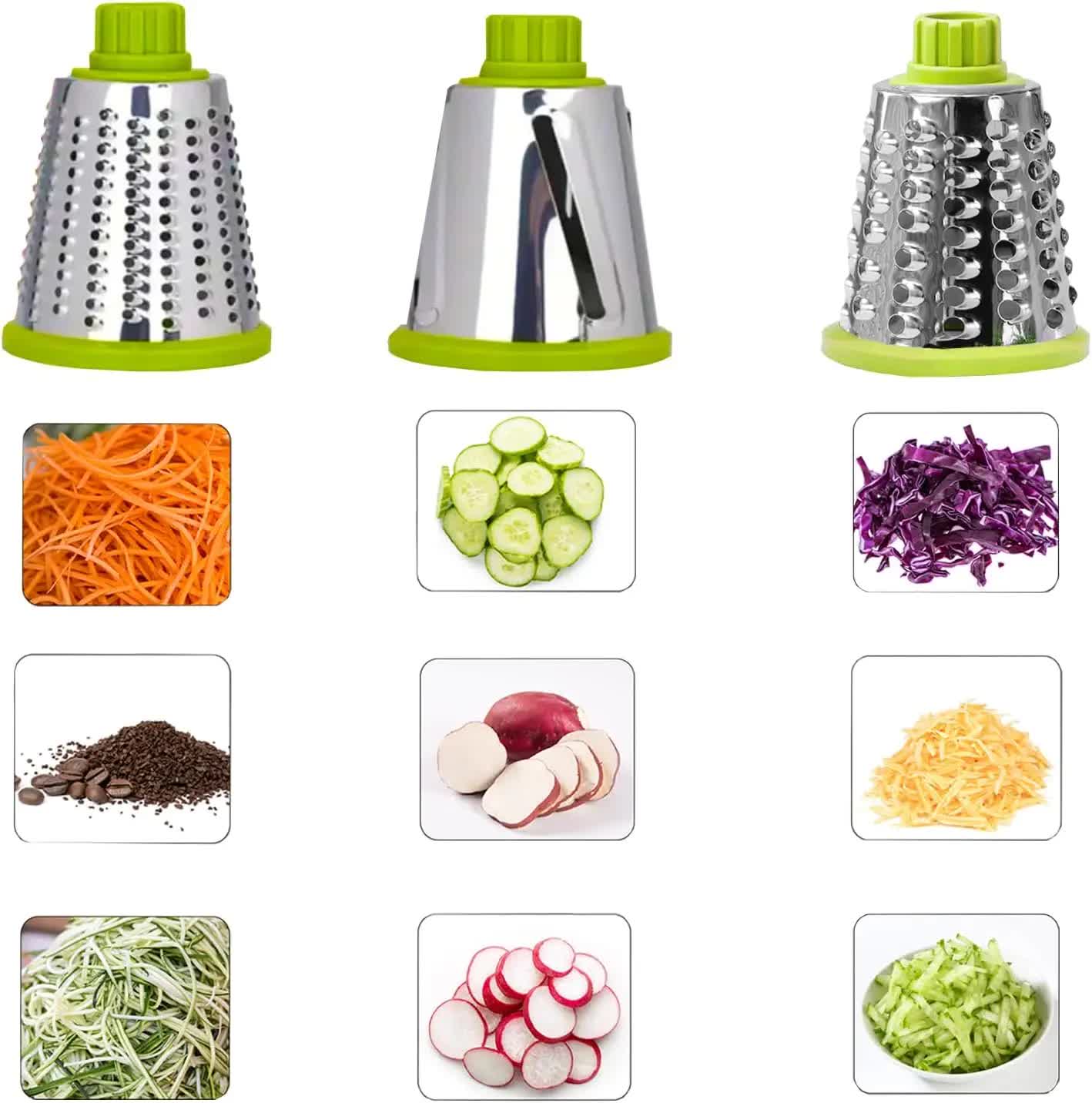 Green Rotary Cheese Grater & Vegetable Slicer - Manual Shredder with 3 Interchangeable Drums 3