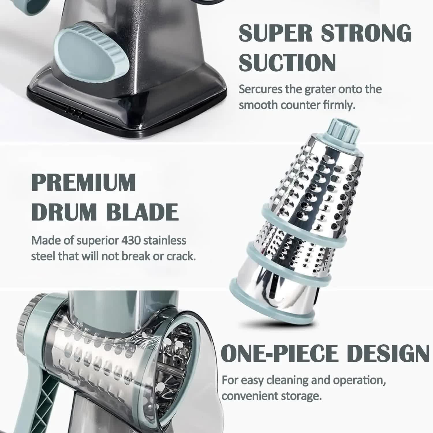 Grey Rotary Cheese Grater & Vegetable Slicer - Manual Shredder with 3 Interchangeable Drums 5
