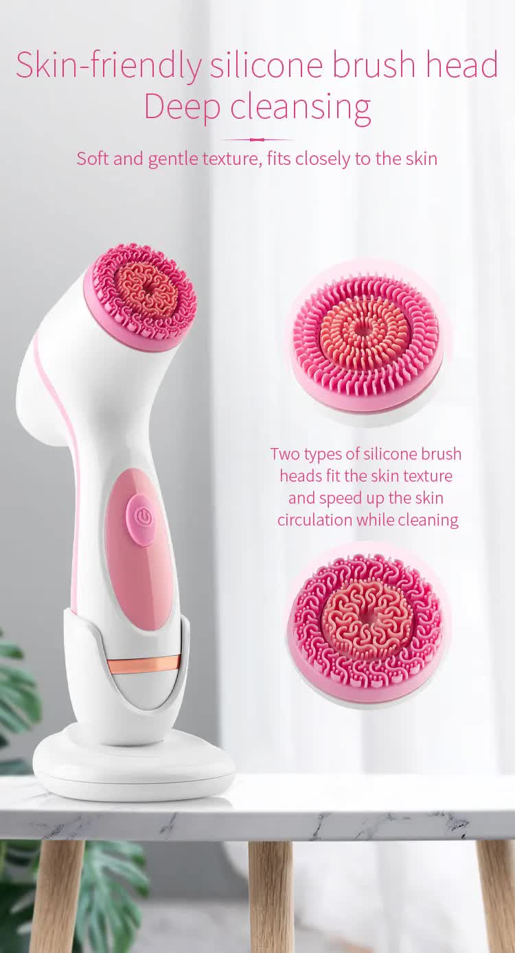 Blue Waterproof Facial Cleansing Spin Brush Set - Rechargeable with 3 Heads & Charging Stand 3