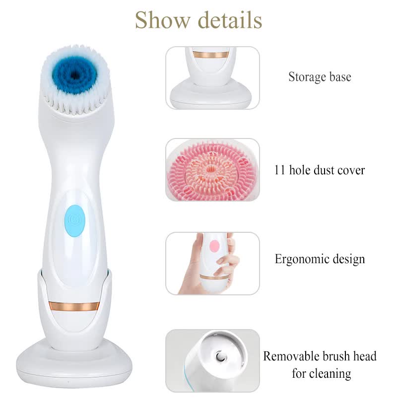 Blue Waterproof Facial Cleansing Spin Brush Set - Rechargeable with 3 Heads & Charging Stand 4