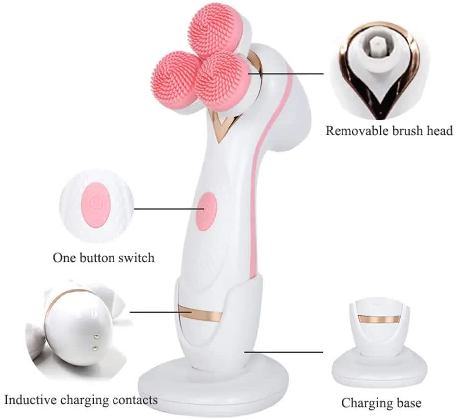 Blue 3-Head Electric Facial Cleansing Brush - Rechargeable Spin Scrubber Kit 3