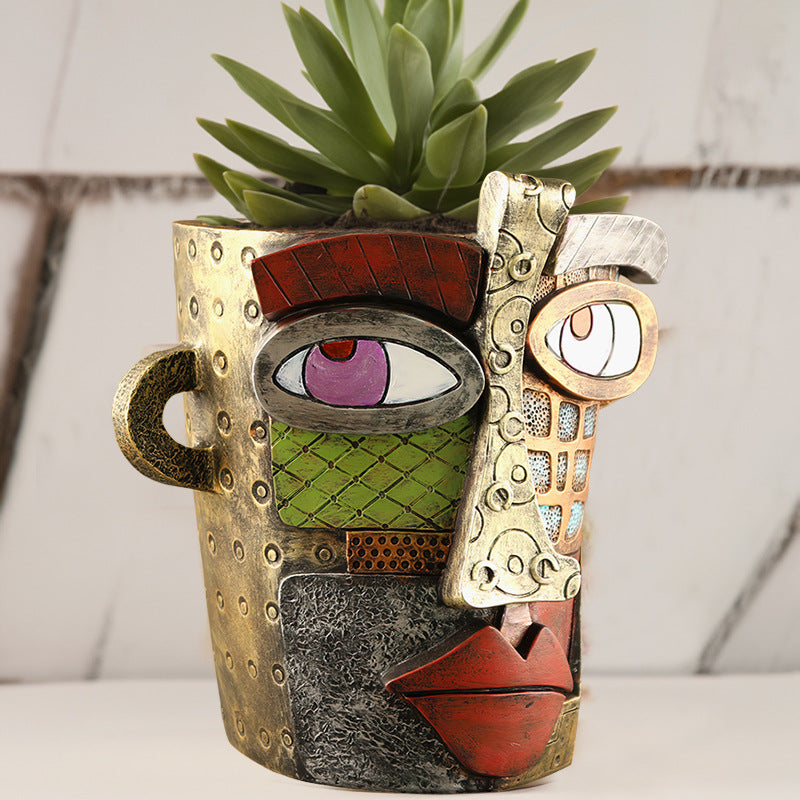 Abstract Face Planter Pot - Artistic Resin Decor for Succulents & Plants (Antique Style - 18.5*18*15CM) 3