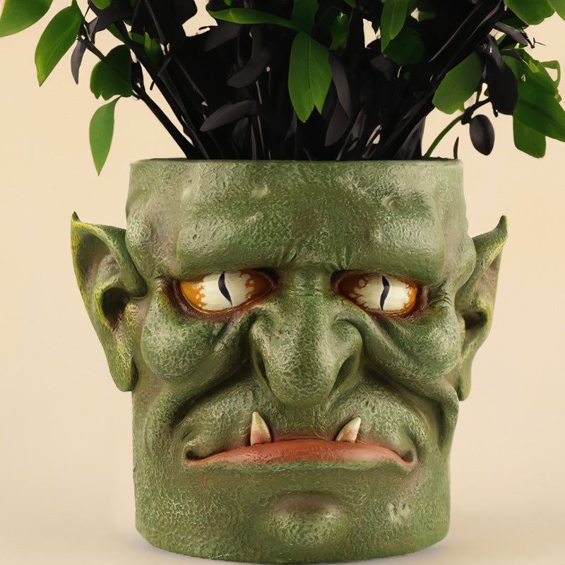Green Unique Goblin Head Planter Pot - Resin Monster Face for Succulents & Decor (Style 1)