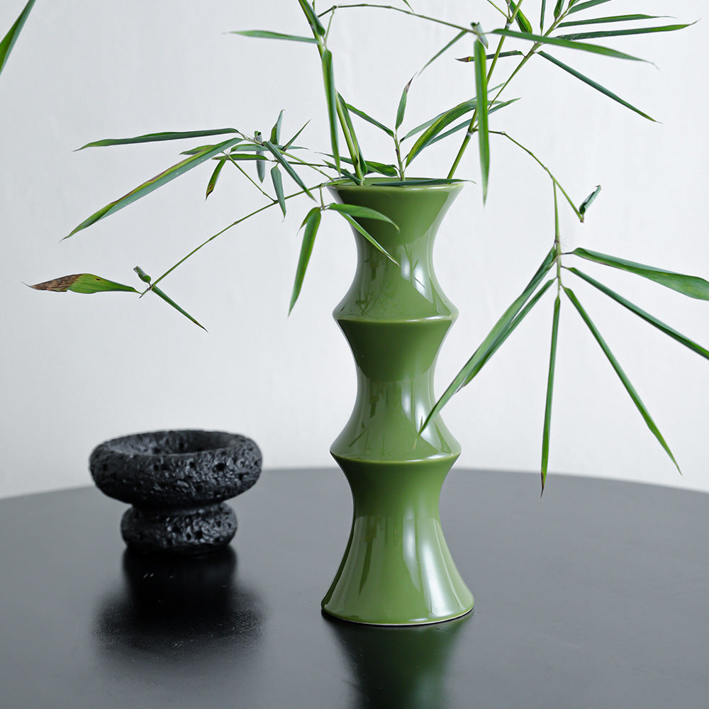 Glossy GreenCeramic Vase - Unique Bamboo-Look Design (25.5x9x7cm)