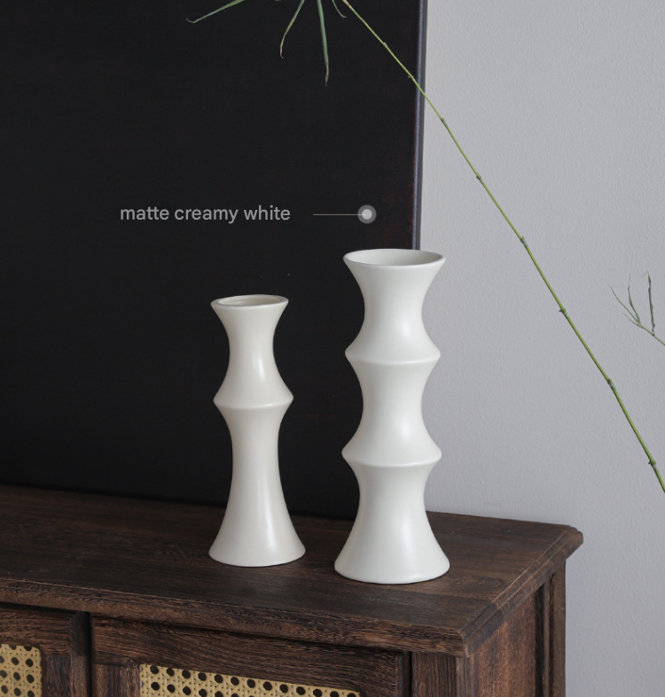Matte White Ceramic Vase - Unique Bamboo Shape Design (25.5x9x7cm)