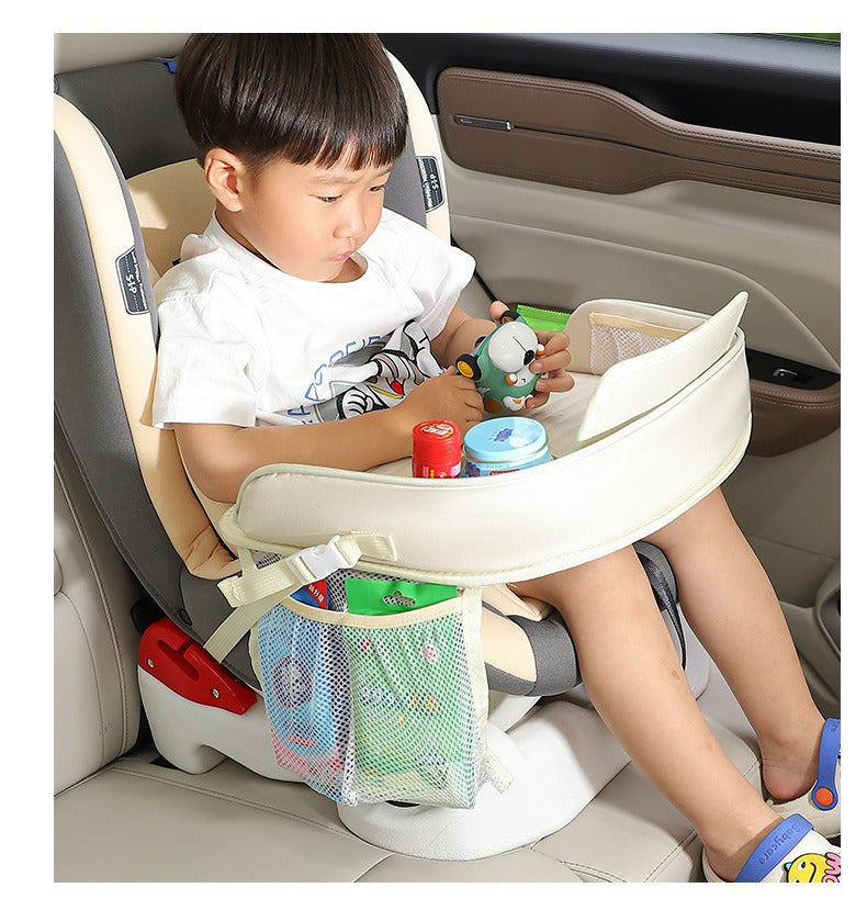 Kids Car Seat Travel Tray - Waterproof Lap Desk with Storage Pockets (Beige bunny - Round) 3