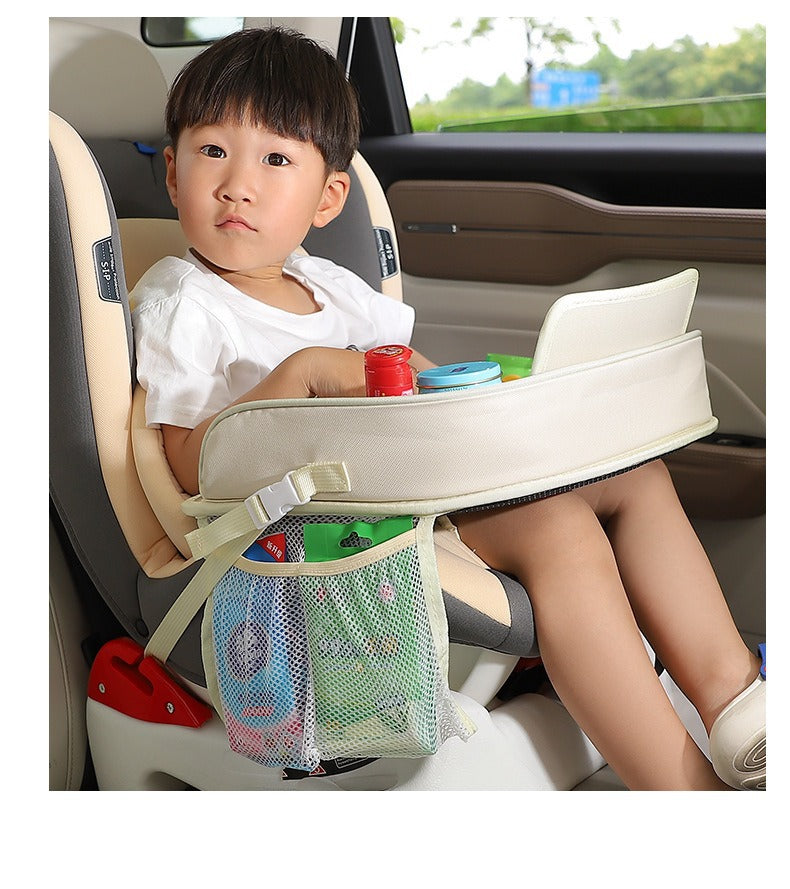Kids Car Seat Travel Tray - Waterproof Lap Desk with Storage Pockets (Beige bunny - Round) 4