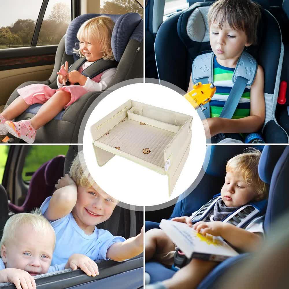 Kids Car Seat Travel Tray - Waterproof Lap Desk with Storage Pockets (Beige Bear - Square) 3