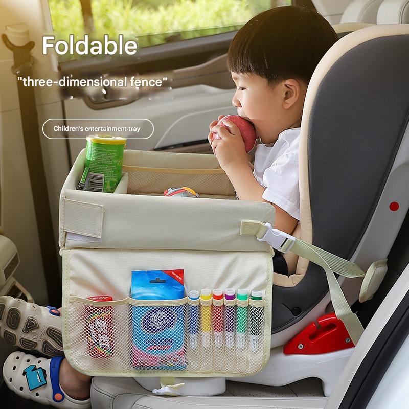 Kids Car Seat Travel Tray - Waterproof Lap Desk with Storage Pockets (Beige bunny - Round) 3
