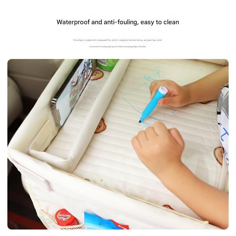 Kids Car Seat Travel Tray - Waterproof Lap Desk with Storage Pockets (Beige bunny - Round) 4