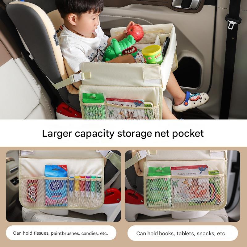 Kids Car Seat Travel Tray - Waterproof Lap Desk with Storage Pockets (Beige bunny - Round) 5