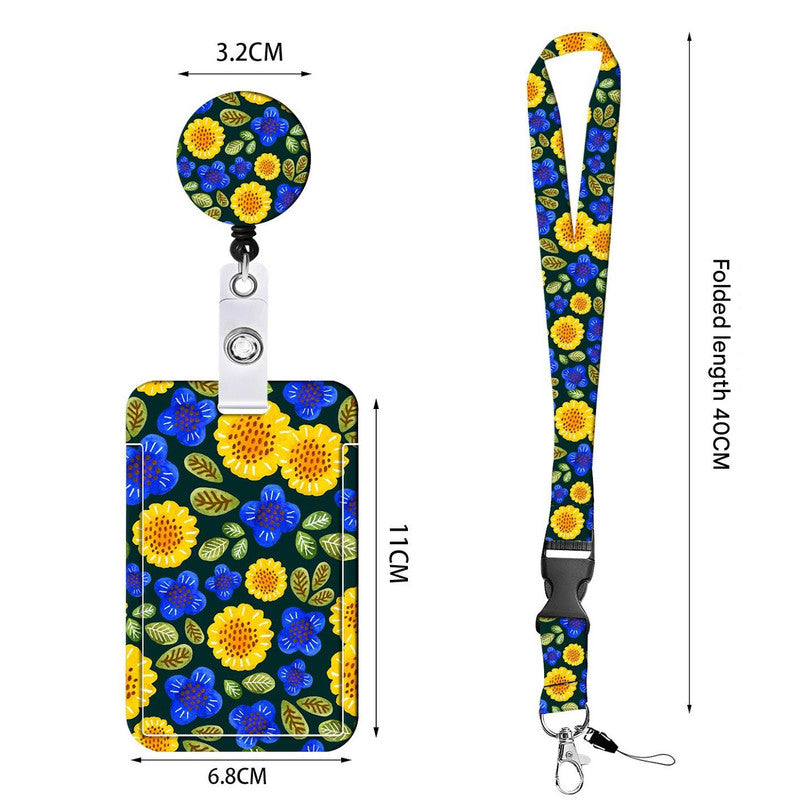 2-pcs Retractable ID Badge Reel Lanyard Set with Vertical Hard Plastic Card Holder - Green sunflowers (Style 2) 4