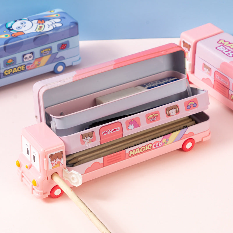 2-pcs Pink Fun School Bus Pencil Box with Built-in Sharpener - 3 Layer Large Capacity Stationery Box for Kids 3