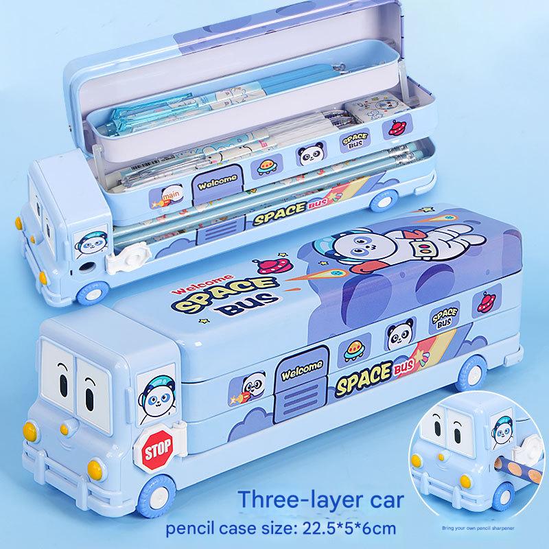 2-pcs (One pink and one blue) Fun School Bus Pencil Box with Built-in Sharpener - 3 Layer Large Capacity Stationery Box for Kids 3