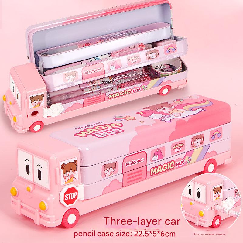 2-pcs (One pink and one blue) Fun School Bus Pencil Box with Built-in Sharpener - 3 Layer Large Capacity Stationery Box for Kids 4