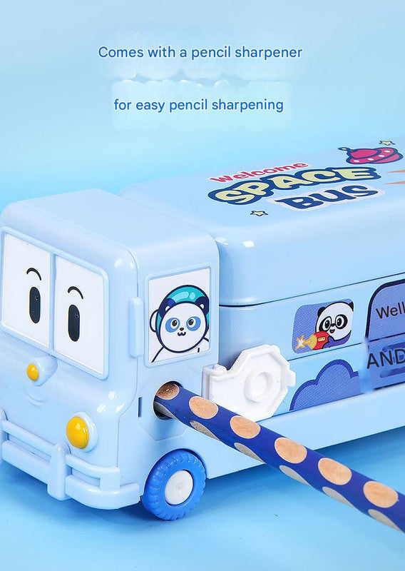 2-pcs (One pink and one blue) Fun School Bus Pencil Box with Built-in Sharpener - 3 Layer Large Capacity Stationery Box for Kids 5