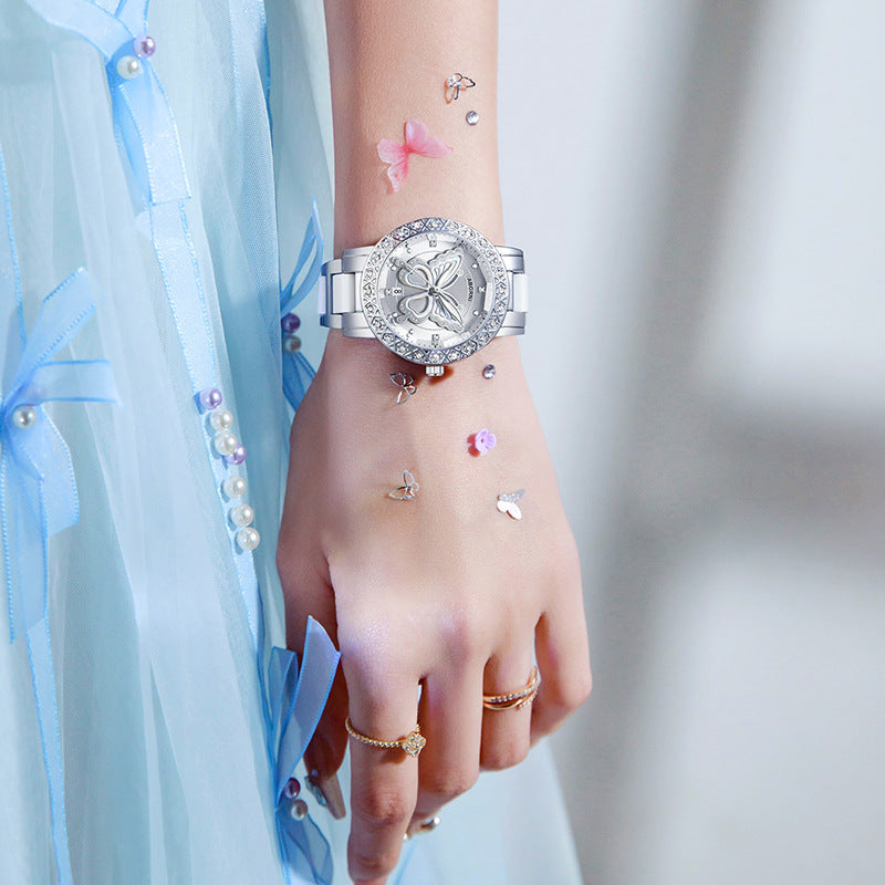 Women's Butterfly Quartz Watch with Ceramic Steel Strap and Luminous Hands (Silver shell white surface steel belt) 3