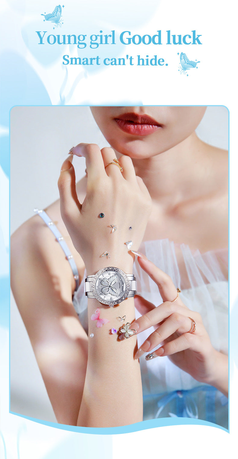 Women's Butterfly Quartz Watch with Ceramic Steel Strap and Luminous Hands (Silver shell white surface steel belt) 4