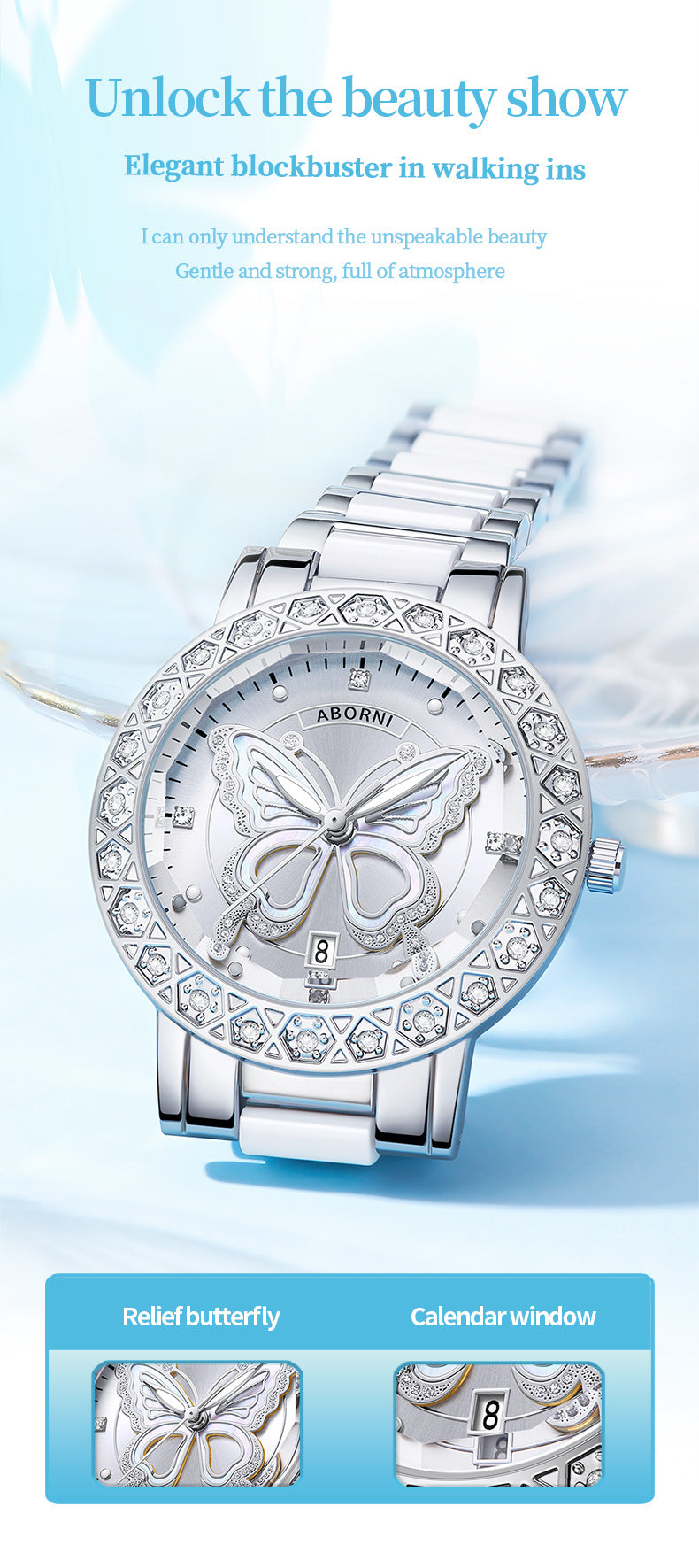 Women's Butterfly Quartz Watch with Ceramic Steel Strap and Luminous Hands (Silver shell white surface steel belt) 5