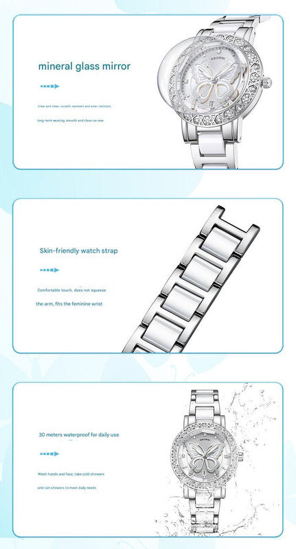 Women's Butterfly Quartz Watch with Ceramic Steel Strap and Luminous Hands (Silver shell white surface steel belt) 6