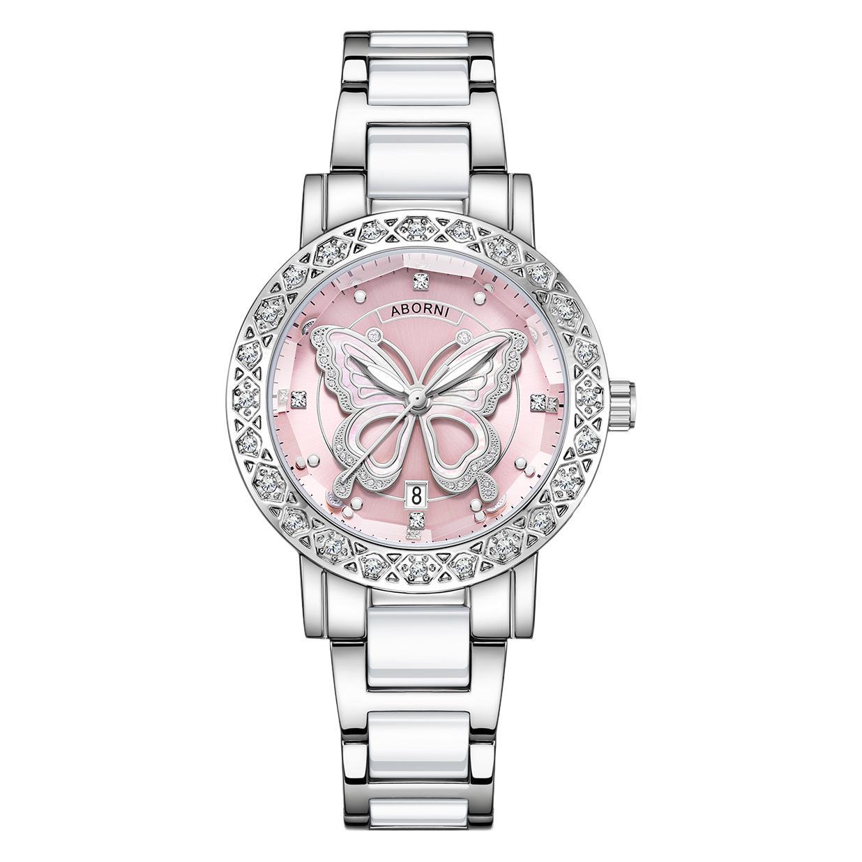 Women's Butterfly Quartz Watch with Ceramic Steel Strap and Luminous Hands (Silver shell powder surface steel belt) 3