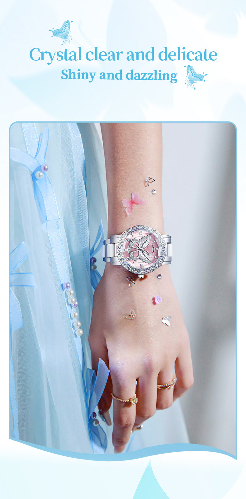 Women's Butterfly Quartz Watch with Ceramic Steel Strap and Luminous Hands (Silver shell powder surface steel belt) 4
