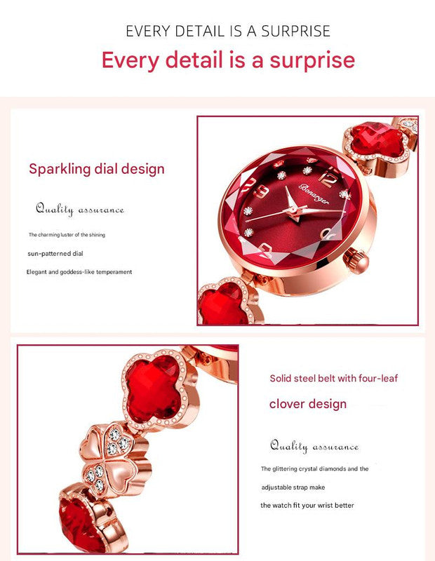 White Women's Four-Leaf Clover Quartz Watch with Red Dial and Crystal Accents 3