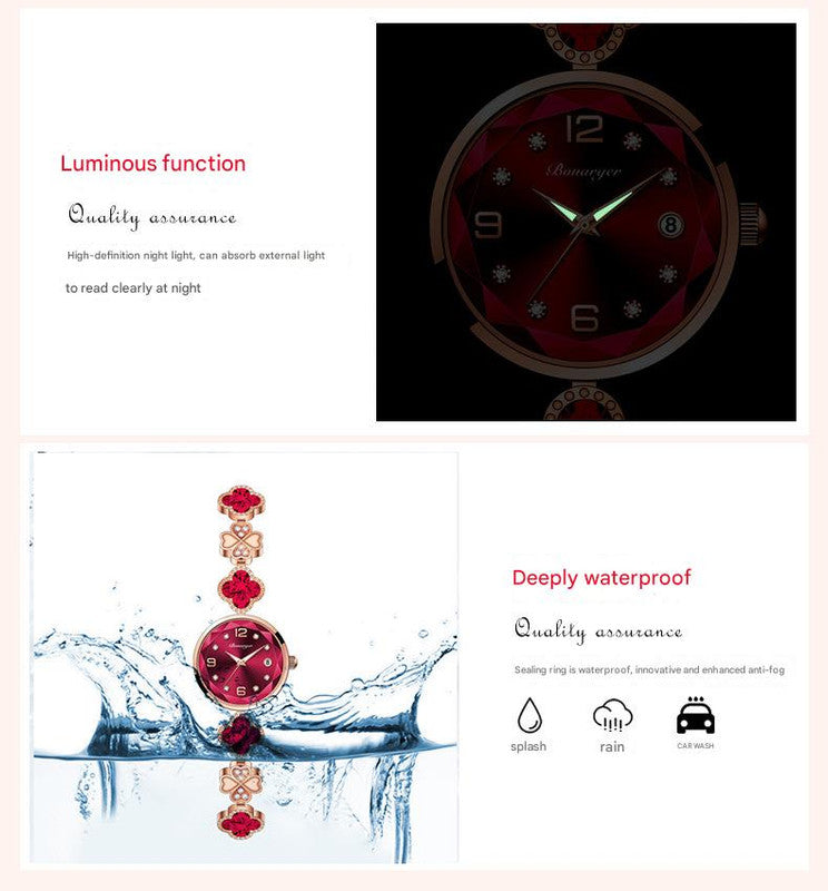 White Women's Four-Leaf Clover Quartz Watch with Red Dial and Crystal Accents 4