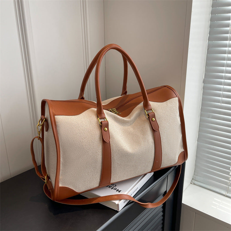 Brown Contrast Color Women's Travel Bag - Canvas & PU Leather Trim Luggage (32x21x14cm)