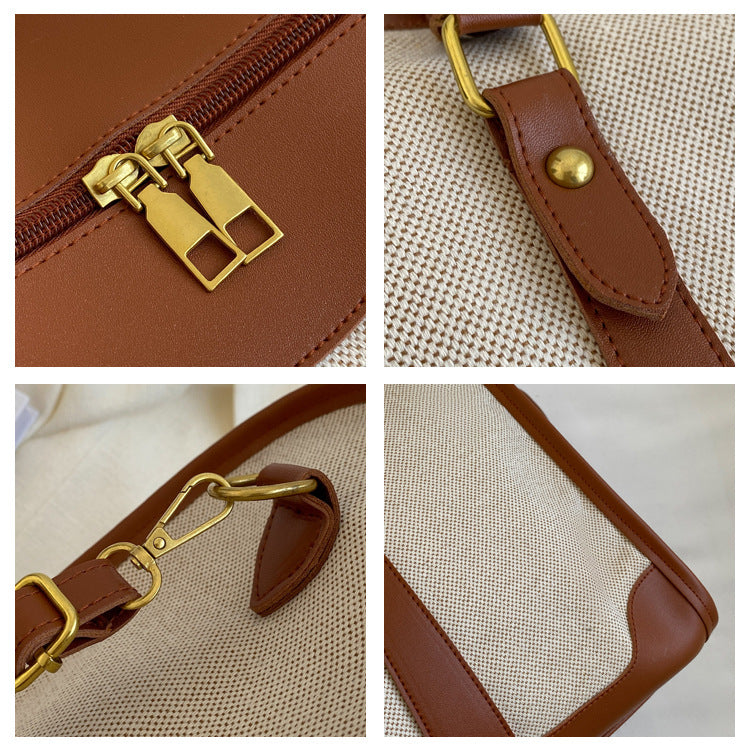 Brown Contrast Color Women's Travel Bag - Canvas & PU Leather Trim Luggage (32x21x14cm) 4