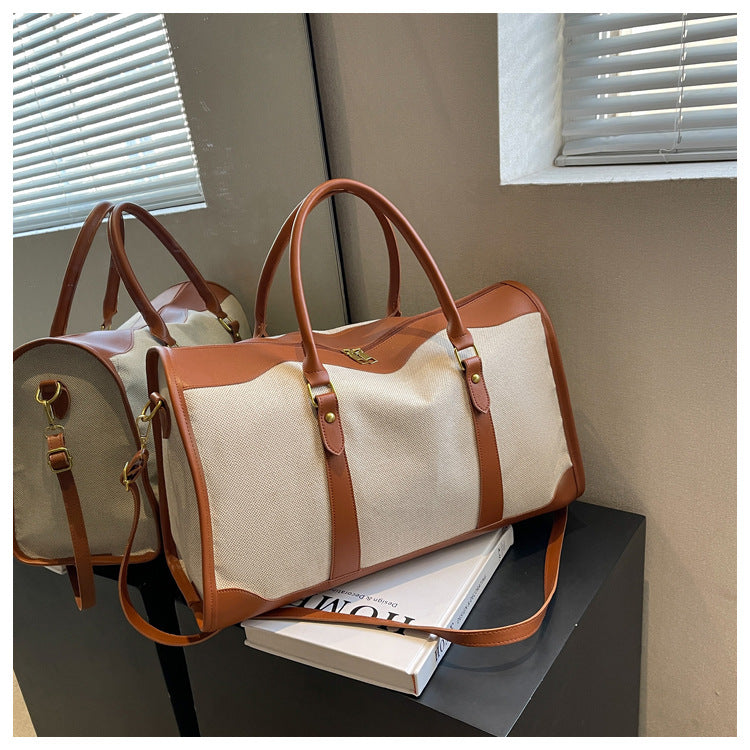 Brown Contrast Color Women's Travel Bag - Canvas & PU Leather Trim Luggage (32x21x14cm) 6