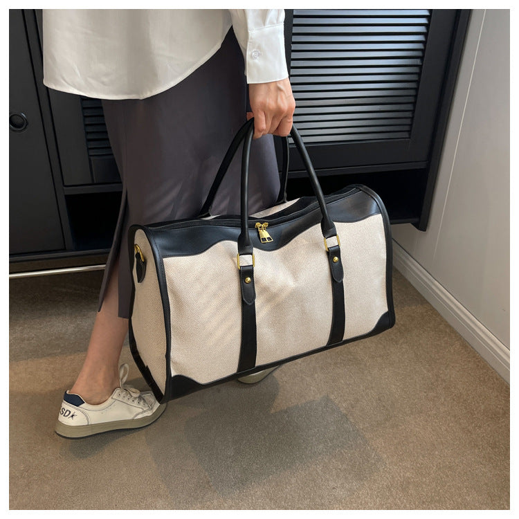 Black Contrast Color Women's Travel Bag - Canvas & PU Leather Trim Luggage (43x27x19cm) 5