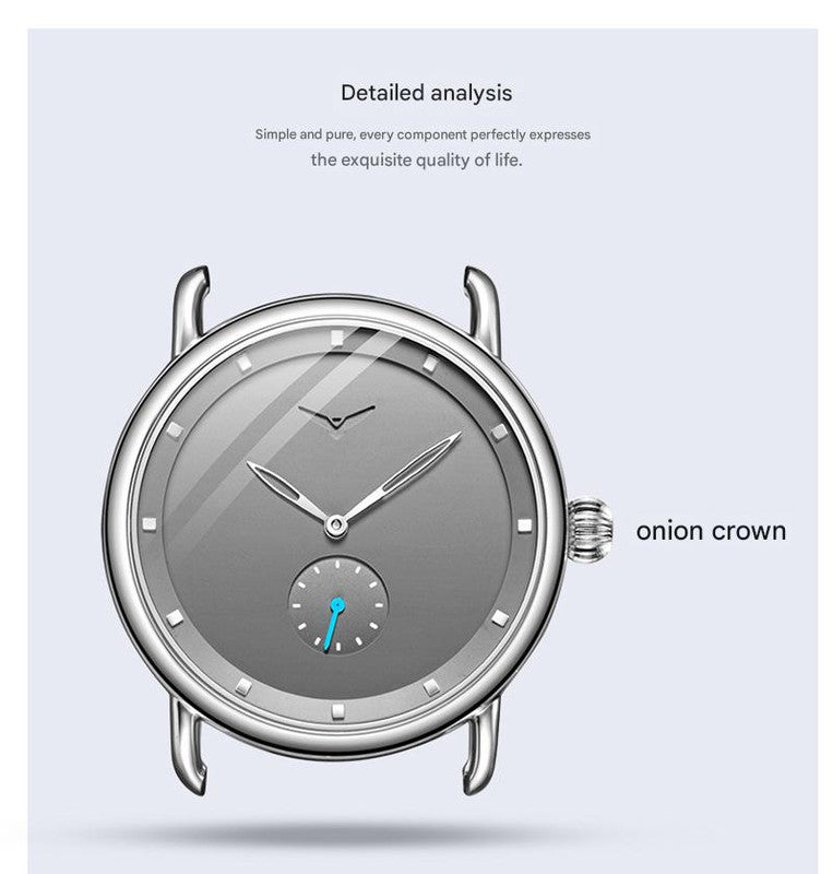 Black Elegant Men's Watch with Leather Band - Small Seconds, Onion Crown Detail 3