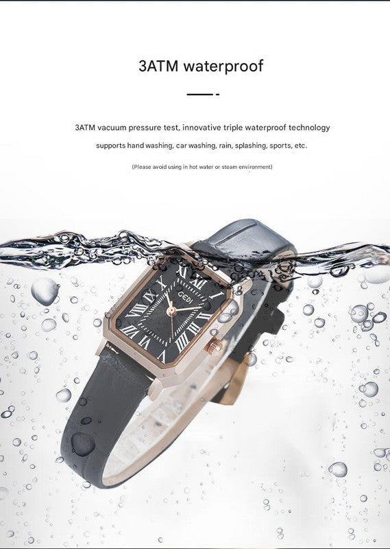 Rose gold shell, white plate, green belt Ladies Quartz Watch - Classic Rectangular, Leather Band 3