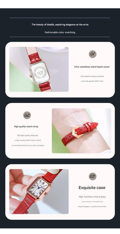 Rose gold case, white plate, red belt Ladies Quartz Watch - Classic Rectangular, Leather Band 5